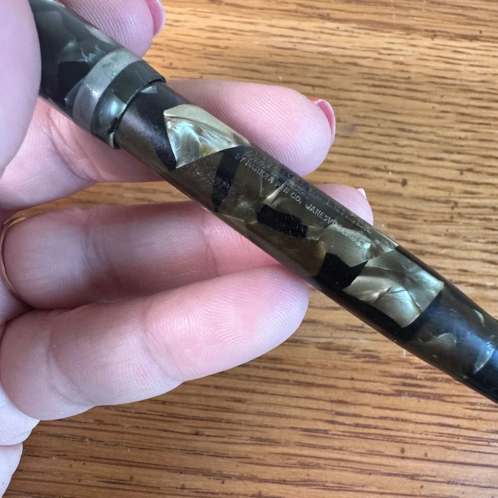 Vintage Parker Challenger Fountain Pen Green Marble Celluloid Button Filler USA